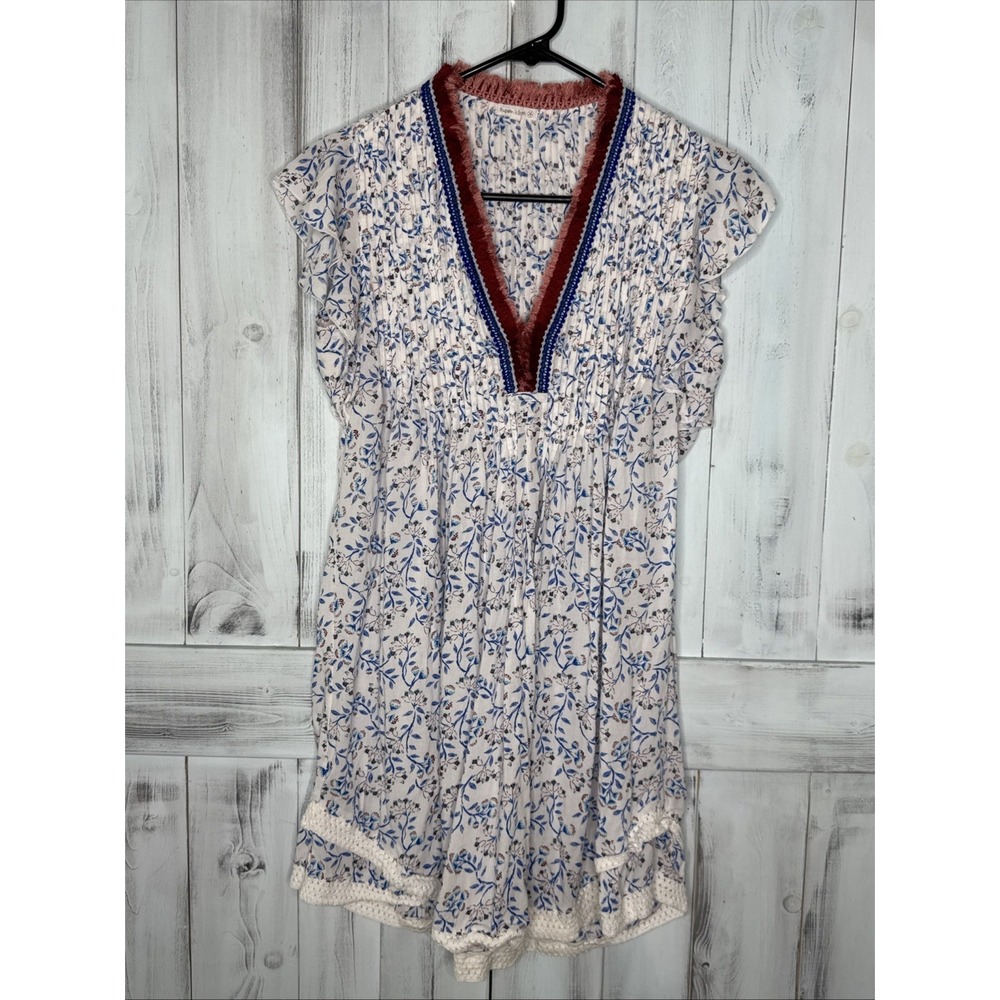 POUPETTE ST BARTH WHITE w BLUE FLORAL SASHA PLEATED FLUTTER SLEEVE MINI DRESS XS